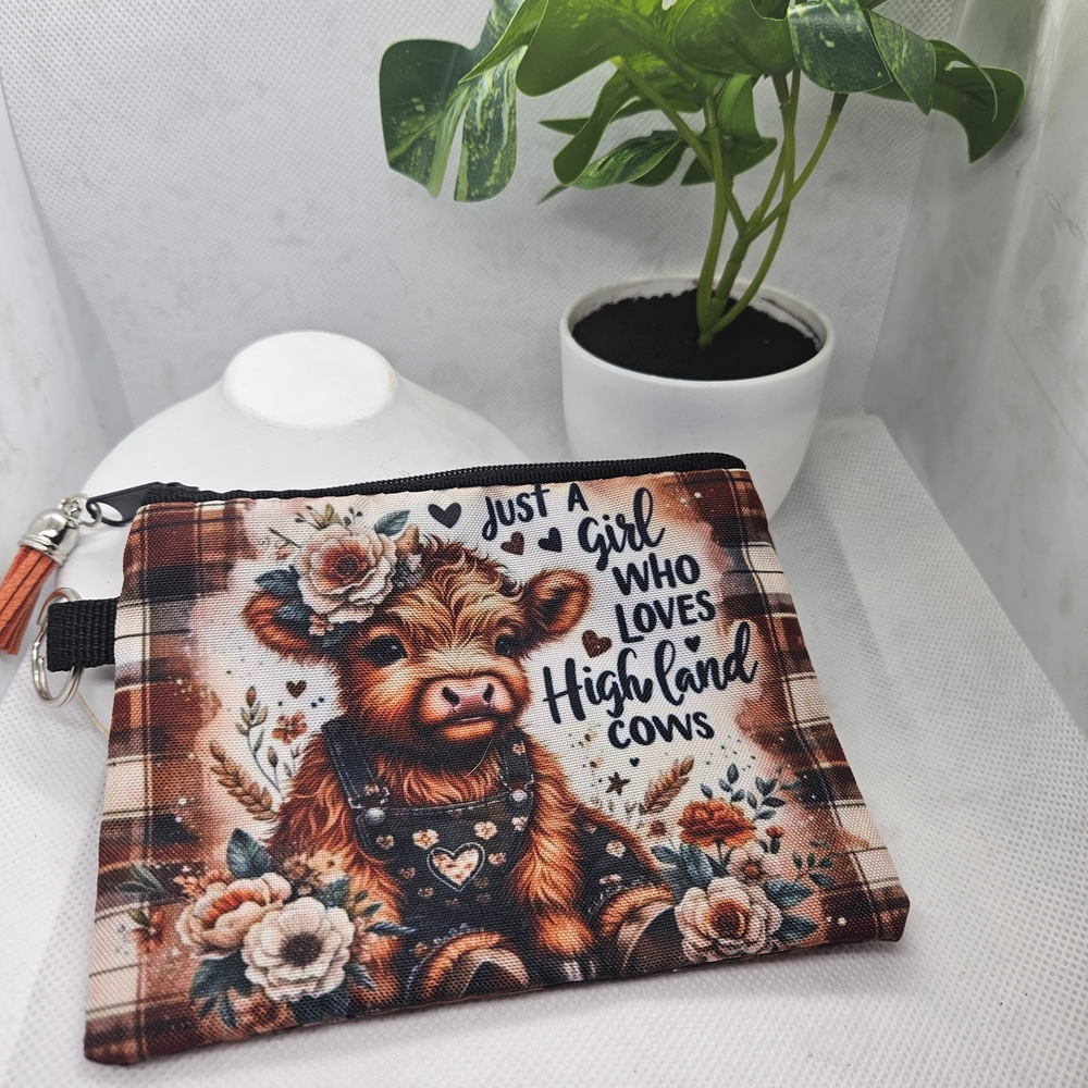 Highland Cow Floral Zip Pouch - Brown & Rust